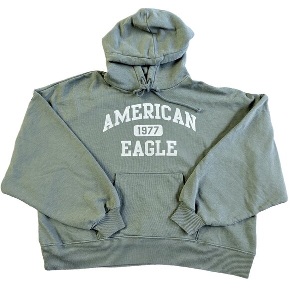 VTG American Eagle 1977 Olive Green Hoodie Pullover Fleece Sweatshirt Grunge XS - Picture 1 of 11